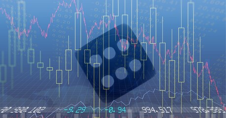 Financial data and graphs over dice against blue background, finance and economy concept
