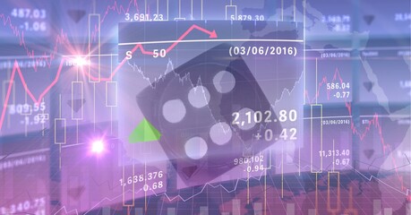 Financial data and graphs over dice against purple background, finance and economy concept