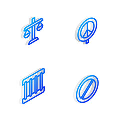 Set Isometric line Peace, Scales of justice, Prison window and Ban icon. Vector