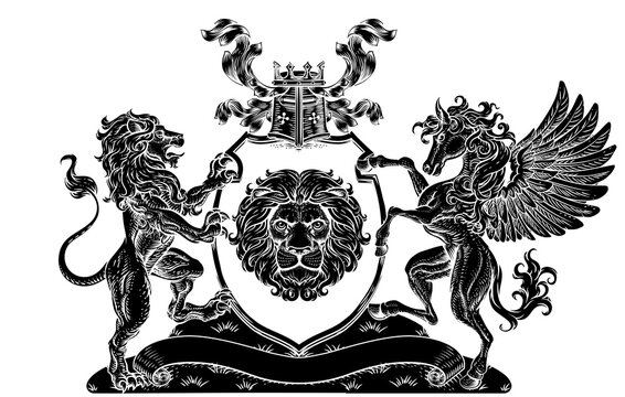 Coat of Arms Pegasus Lion Crest Shield Family Seal
