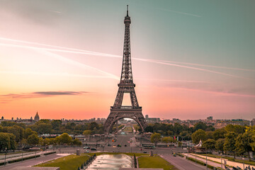 Sunset view to Eiffel tower in Paris, France. 