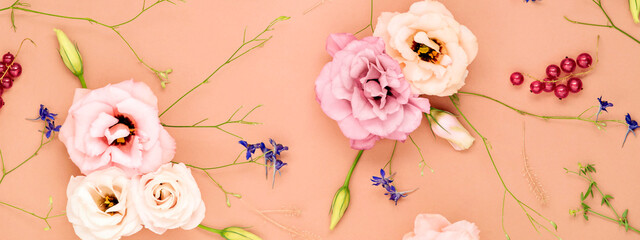 Summer flowers and berries simple pattern. Romantic floral banner or background. Composition in a pink pastel style for old fashioned greeting card or invitation.