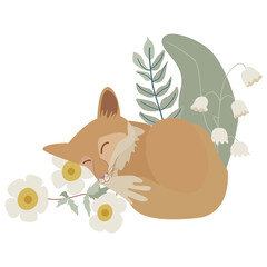 Sleeping fox and flowers in scandinavian nordic style vector illiustration