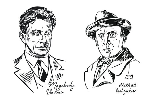 Black-and-white portraits of the writers Bulgakov and Mayakovsky. Vector graphics.