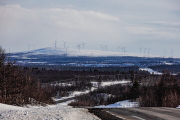 Fototapeta premium Kiruna, Sweden A landscape outside Kiruna with wind turbines.