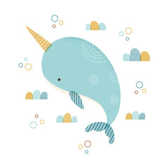 Vector illustration of cute narwhal. Cartoon style narwhal with whimsical waves and bubbles. Isolated on white background. © Torico