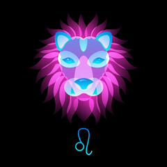 Zodiac sign head neon leo on black background, horoscope. Stock vector illustration. 