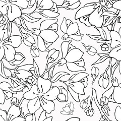 Fototapeta premium Seamless background with cherry blossoms. Vector illustration. Contour image. Stock vector. Cherry. Floral print. White background.