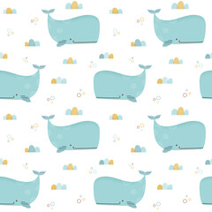 Seamless pattern with cute and whimsical whale in pastel colors. Summery pattern with cartoon whale and ocean theme.