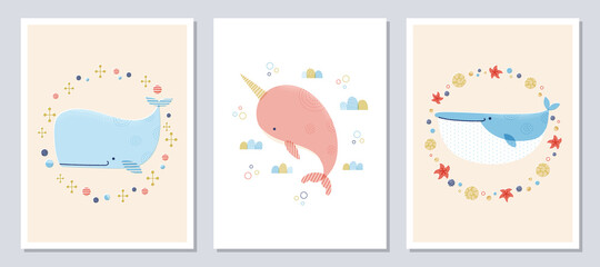 Set of whale and narwhal vector illustrations in pastel colors. Cute cartoon style whales and narwhal. For nursery decor, posters, banners, greeting cards, and more.