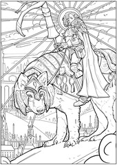 Coloring with a woman knight with a huge lance and curly hair sits astride a huge armored wolf, which looks curiously at the viewer. Beautiful fantasy kingdom background. 2D illustration