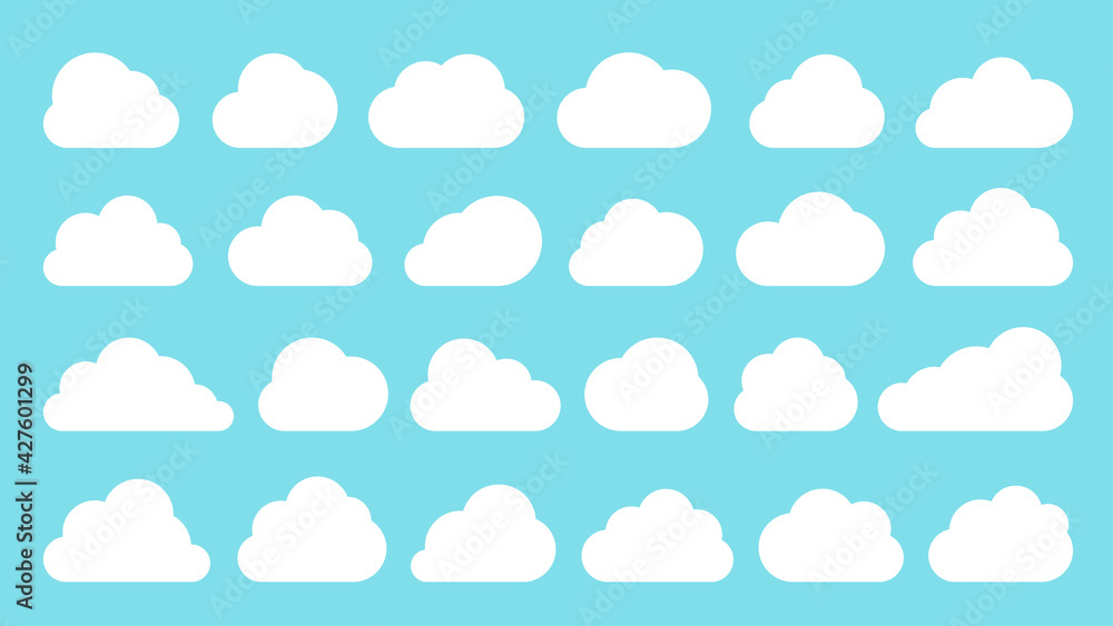 Poster clouds white flat icon set isolated on blue sky. different shape cloud abstract web banner template 