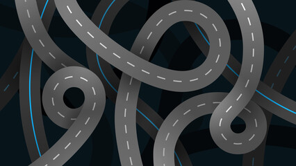 Vector set highway roads top view modern illustration. City route unction viaduct night neon dark background