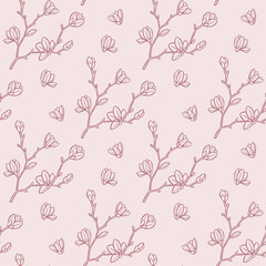 Magnolia seamless pattern. Outline magnolia flowers. Vector illustration.