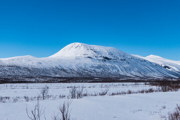 Fototapeta na wymiar Nikkaluokta, Sweden Mountains in the Arctic landscape and blue sky.