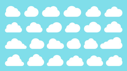 Fototapeta premium Clouds white flat icon set isolated on blue sky. Different shape cloud abstract web banner template outline cartoon speech bubble symbol. Digital internet network data technology business concept sign