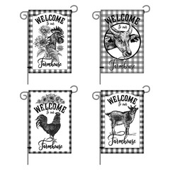 Farm flags set. Rooster, goat and cow. Lumberjack plaid. Vector.