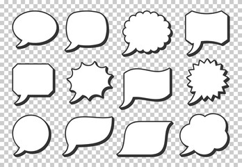 Fototapeta premium Pop art speech bubble icon set on transparent background. Cartoon retro bubbles. Boom, burst, wow effect empty vintage frame. Vector design fun comic page dialog text message balloon template shapes