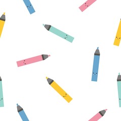 Multi-colored cute cartoon markers highlighters sample pattern. Bright endless background. Good for school and business backgrounds.