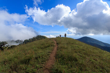 People or traveler walk on the Mountain hill with grass field with sea of fog or white clouds at "Doi MonJong" Chiangmai, Thailand, Asia.