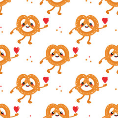 Cute cartoon style smiling pretzel, knot-shaped baked pastry character holding red heart vector seamless pattern background.
