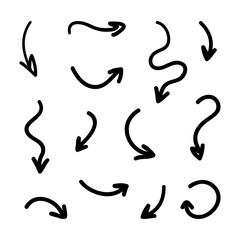 Set, collection of black hand drawn, doodle arrows isolated on white background.
