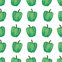 Gouache hand-drawn green Pattern with Pepper on a white background. Seamless print. 