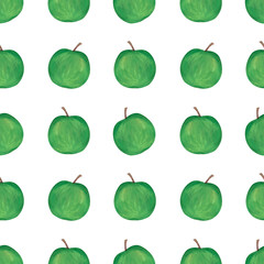 Gouache hand-drawn green Fruit Pattern with Apples on a white background.