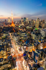 Tokyo Tower at night. Tokyo  aerial cityscape view at night.