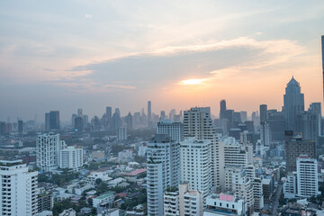 Fototapeta na wymiar Bangkok Cityscape Business Administrative center view from rooftop during sunset. Picture taken on Feb 28, 2021 