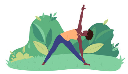 African American girl doing yoga in a park on a background of green leaves. Flat vector illustration