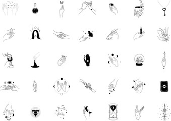 Fototapeta premium Collection of Mystical and Mysterious objects, Skulls, Animals, Space objects, magic ball, Crystals, human hands. Minimalistic objects made in the style of one line. Editable vector illustration.