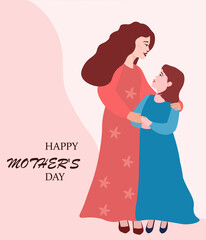 Beautiful woman and girl, mother and daughter hug, look into the eyes. The concept of love, motherhood, female, family happiness and harmony. Vector illustration, banner, poster, postcard.