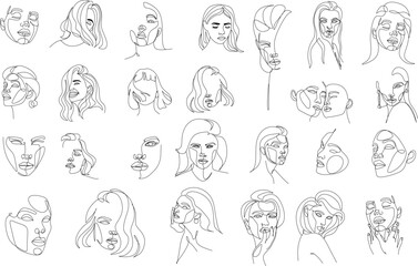 Continuous line, drawing of set faces and hairstyle, fashion concept, woman beauty minimalist, vector illustration for t-shirt, slogan design print graphics style