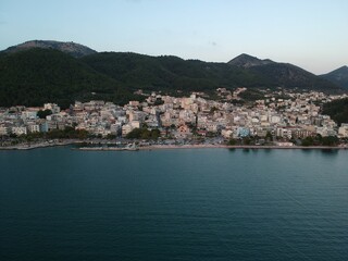 Fototapeta na wymiar Aerial shot igoumenitsa city in evening . greece, epirus