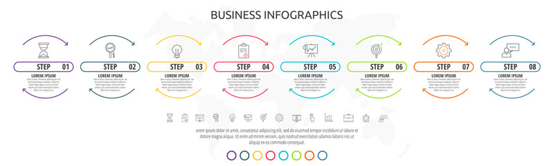 Infographics timeline with eight steps, icons. Line data vector template. Used for diagram, business, web, banner, workflow layout, presentations, flowchart, content, levels, processes diagram