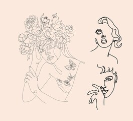 Abstract face with flowers by one line drawing. Portrait minimalistic style. Botanical print. Nature symbol of cosmetics. Modern continuous line art. Fashion print. Canvas Print