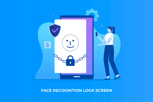 Face recognition lock screen illustration concept. Illustration for websites, landing pages, mobile applications, posters and banners.