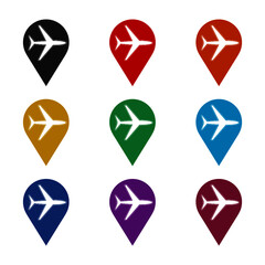 Airplane map pin icon isolated on white background color set