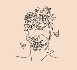 Plant Head Woman Art Print | Woman With Plants on Head Poster | Flower Woman Wall Art | Woman With Flower Head Print | Line Drawing Woman Art Print