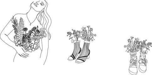 Set of Abstract minimalistic female portrait. Vector fashion illustration in a trendy linear style. Elegant art. For posters, tattoos, logos