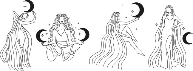 Contour of woman in yoga pose for meditation in mountains with moon and sun. Modern minimalist mystical astrology aesthetic illustration with Motivational quote for poster. Beautiful poster.