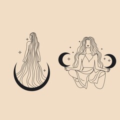 Cute girl with long hair sleeps on the moon. Romantic dreams with night sky and stars. Vector illustration of woman hugs the crescent moon. Modern witch concept. Design for tarot card cover, postcard. © Victoria