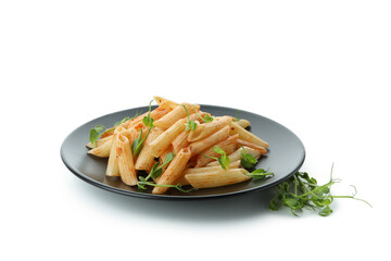 Plate with pasta with tomato sauce isolated on white background