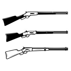 Illustration of winchester rifle in monochrome style. Design element for logo, label, sign, poster. Vector illustration