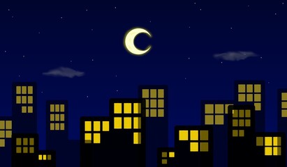 City in the middle of the night of the crescent moon