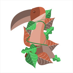 a flamingo's head with several vines around its neck