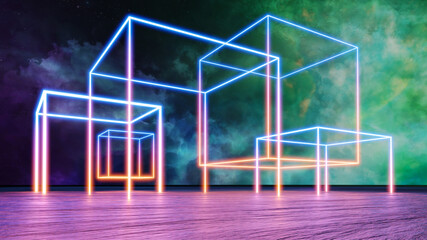 Sci fi virtual reality landscape cyberpunk style 3d render, Fantasy universe and space cloud background