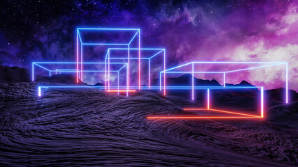 Sci fi virtual reality landscape cyberpunk style 3d render, Fantasy universe and space cloud background