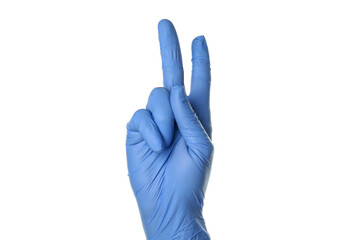 Hand in medical glove show two fingers isolated on white background